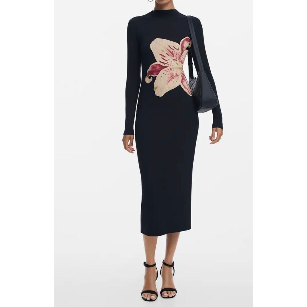 Desigual Black Midi Dress with Pink and Cream Floral